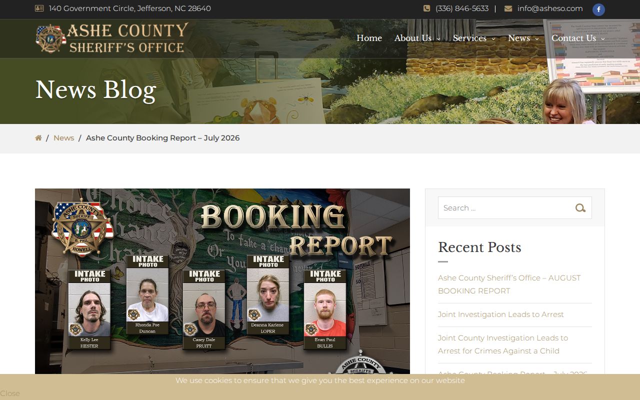 Ashe County Sheriff July 2026 booking report page
