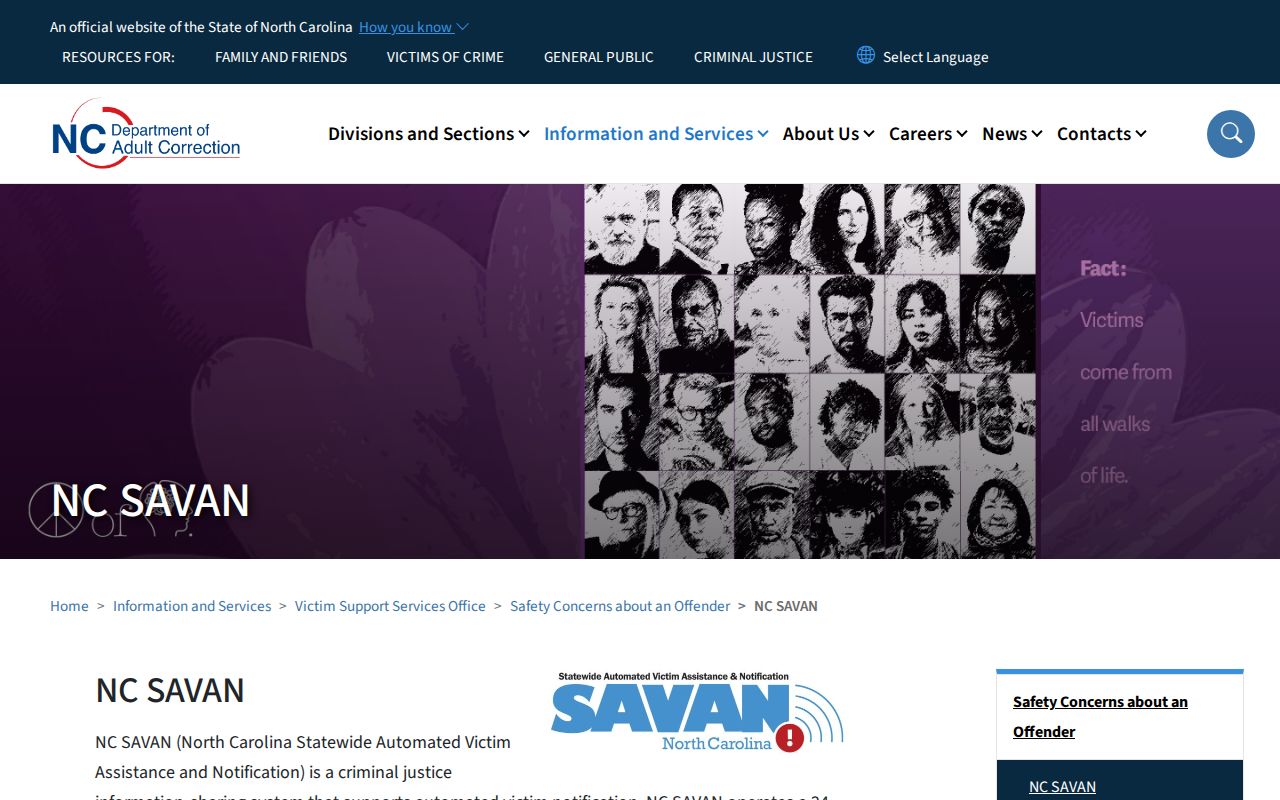 North Carolina NC SAVAN custody notification service page