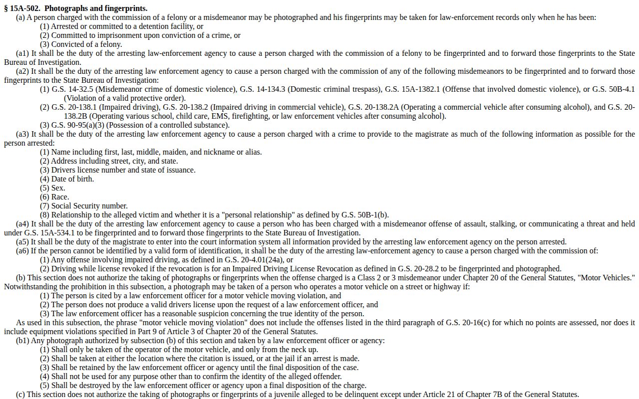 North Carolina arrest photograph statute page