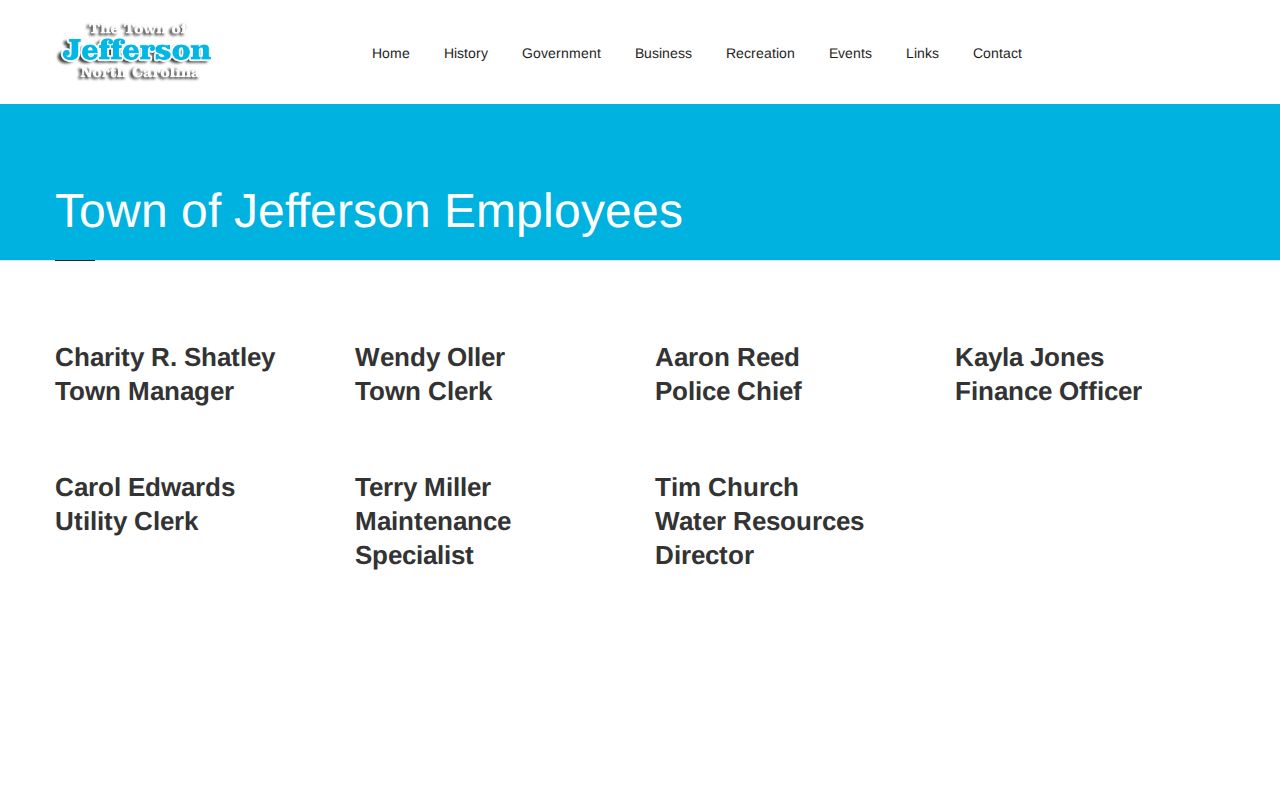 Town of Jefferson employee page listing the police chief and municipal contact information