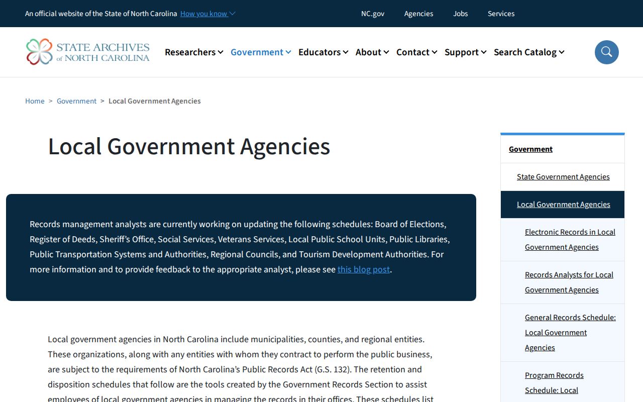 North Carolina State Archives local government records guidance
